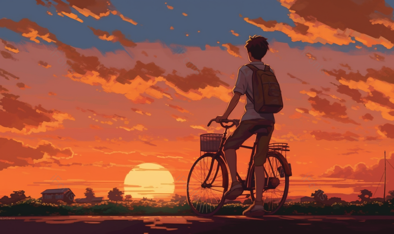 夕阳下海边骑自行车的男孩手绘插画图,插画/手绘图,插画/手绘图库,插画/手绘图下载,插画/手绘